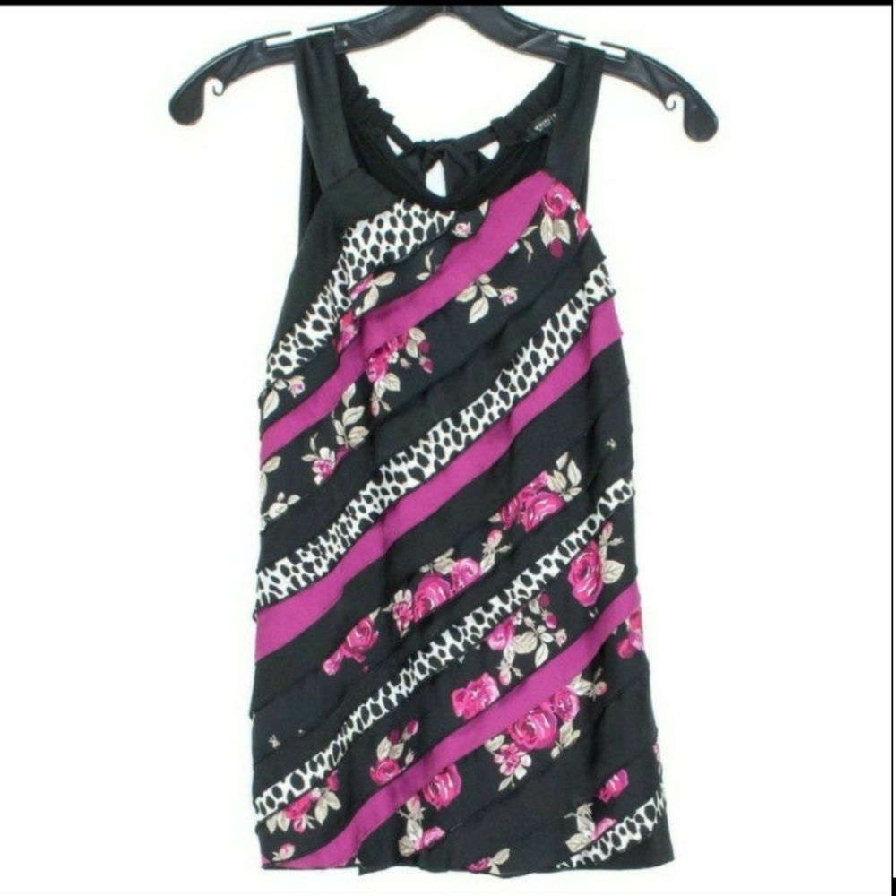 WHBM layered ruffle graphic print, roses black,white tank blouse, XS, like a S.